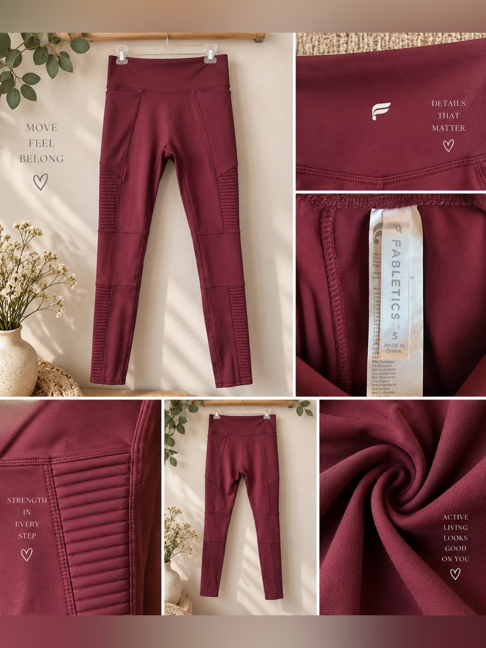 Fabletics Burgundy Moto-Style Leggings – Women’s Small